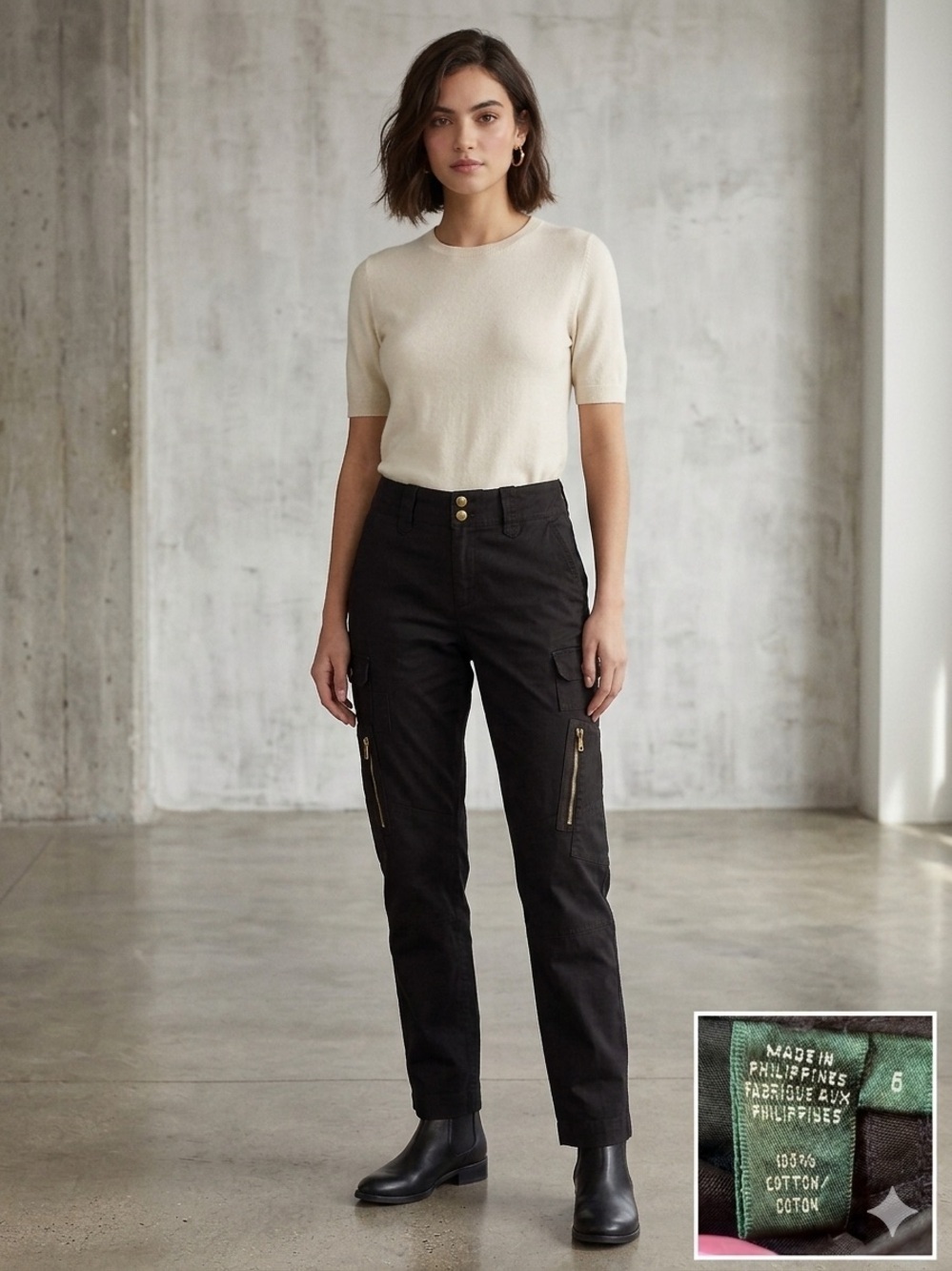 Lauren Ralph Lauren Black Cargo Pants with Gold Zippers